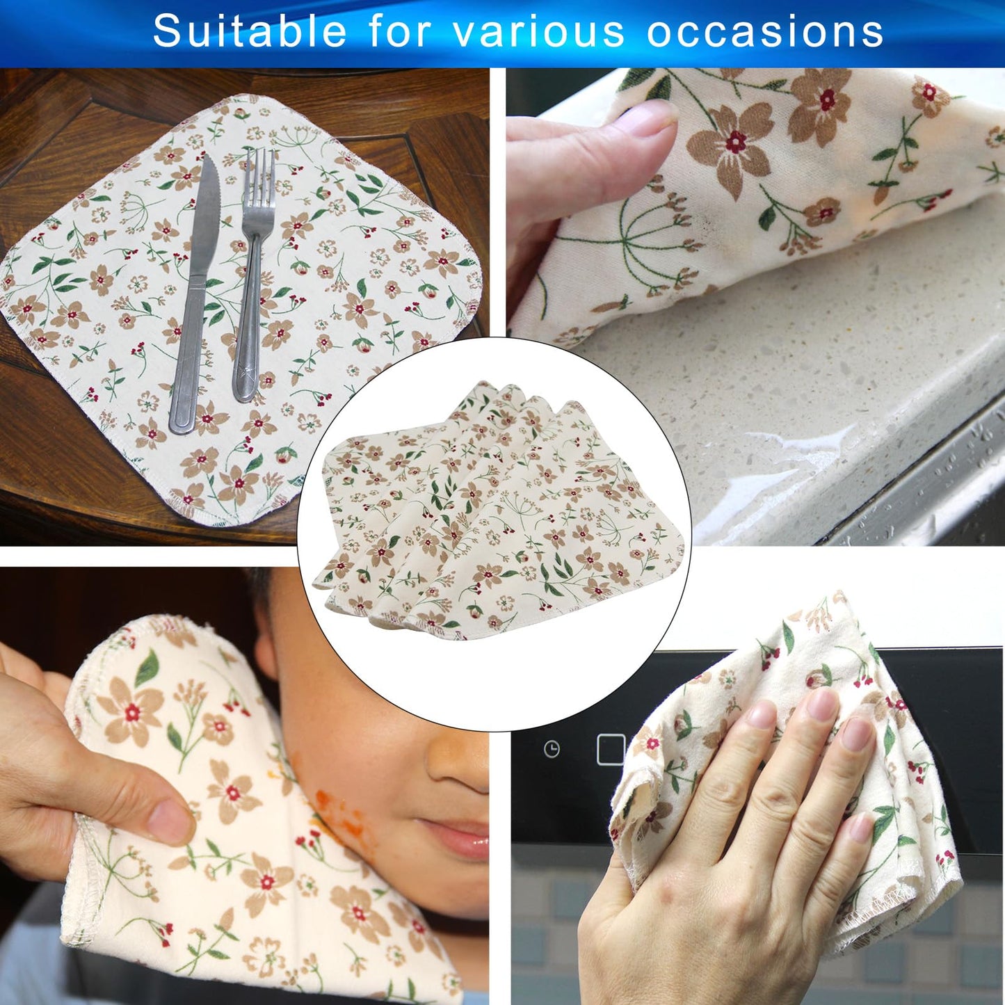 PINOWU Reusable Paper Towels Cotton Cloths (12pcs), Absorbent Kitchen Dishcloths (25x25cm) Washable Paperless Towels Zero Waste Alternative Napkins for Kitchen Household