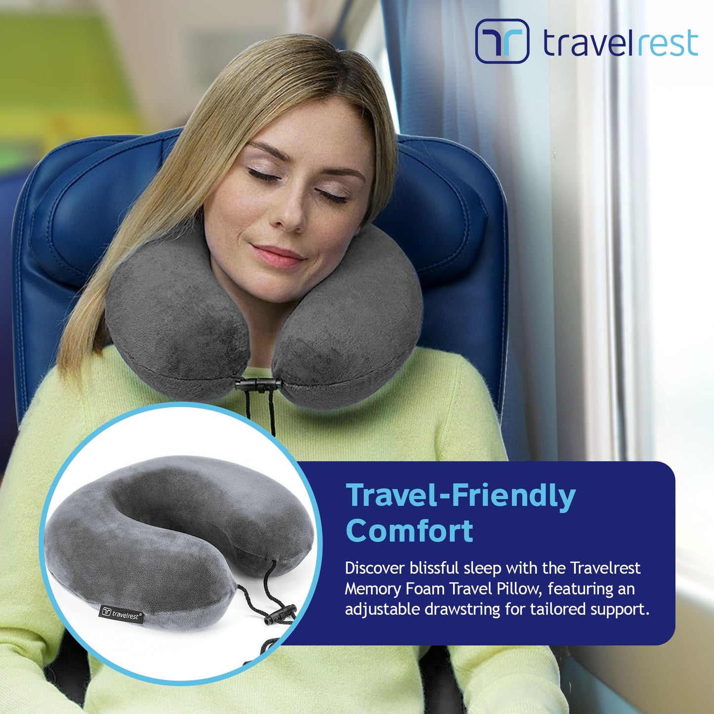 TRAVELREST Nest Neck Pillow Travel Essentials - Memory Foam Pillow and Patented Design, Support for Long Flights, Travel Accessories, Comfortable and Compact, Washable, Attaches to Luggage - Gray