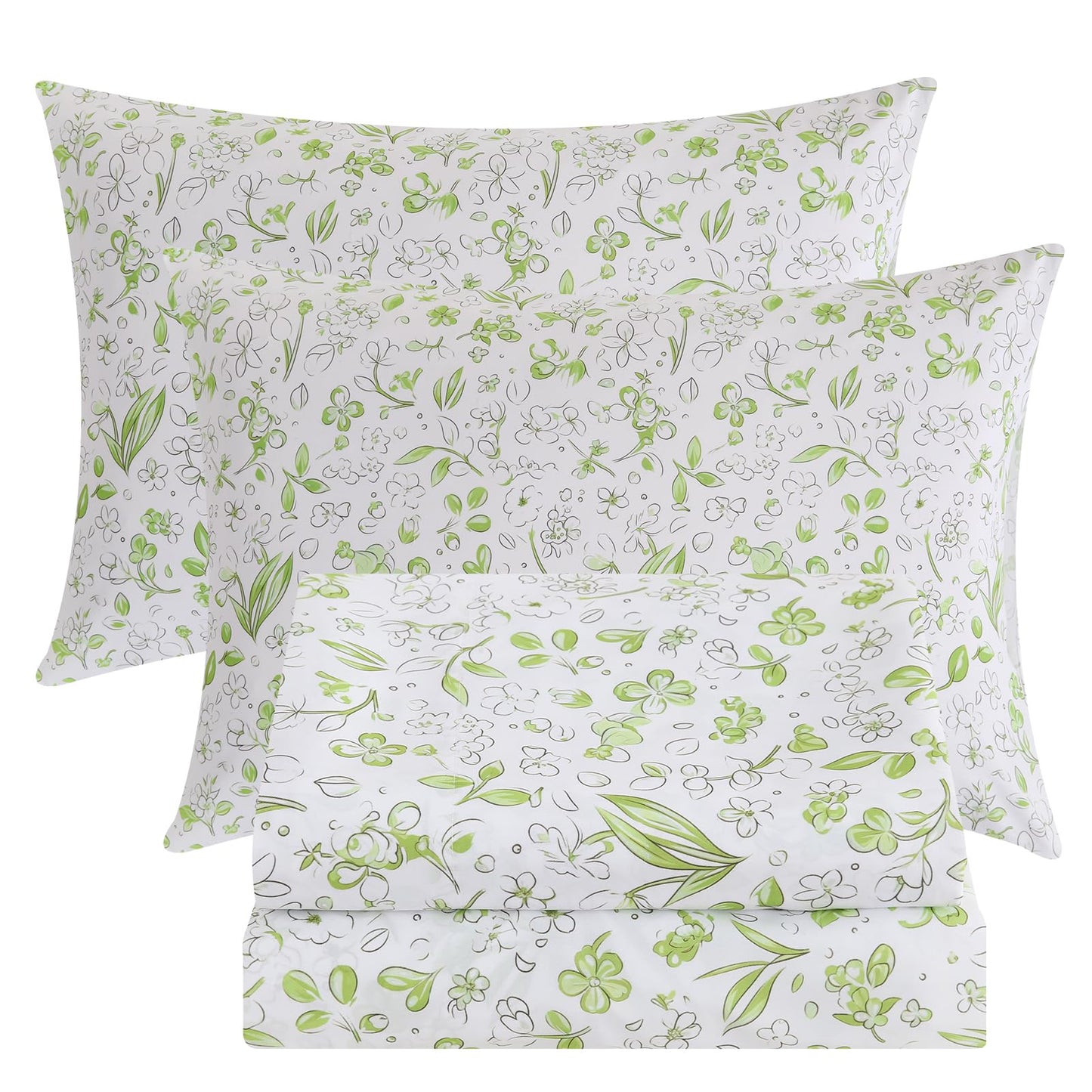 Bedlifes King Sheet Set Ultra Soft, Breathable, Silky Flower Deep Pocket 100% Microfiber Bedding, 4 Piece King Size Green Floral