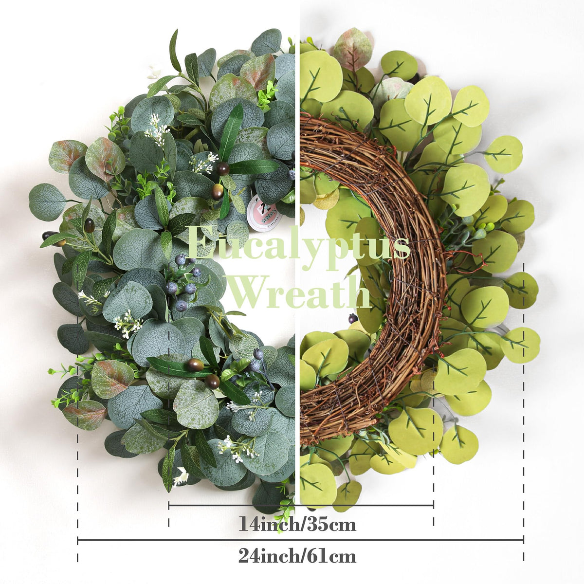24 Inch Eucalyptus Wreath for Front Door – Green Spring Summer Wreath with Olive Leaves & Berries – Handmade Year-Round Door Decor by EZsenses