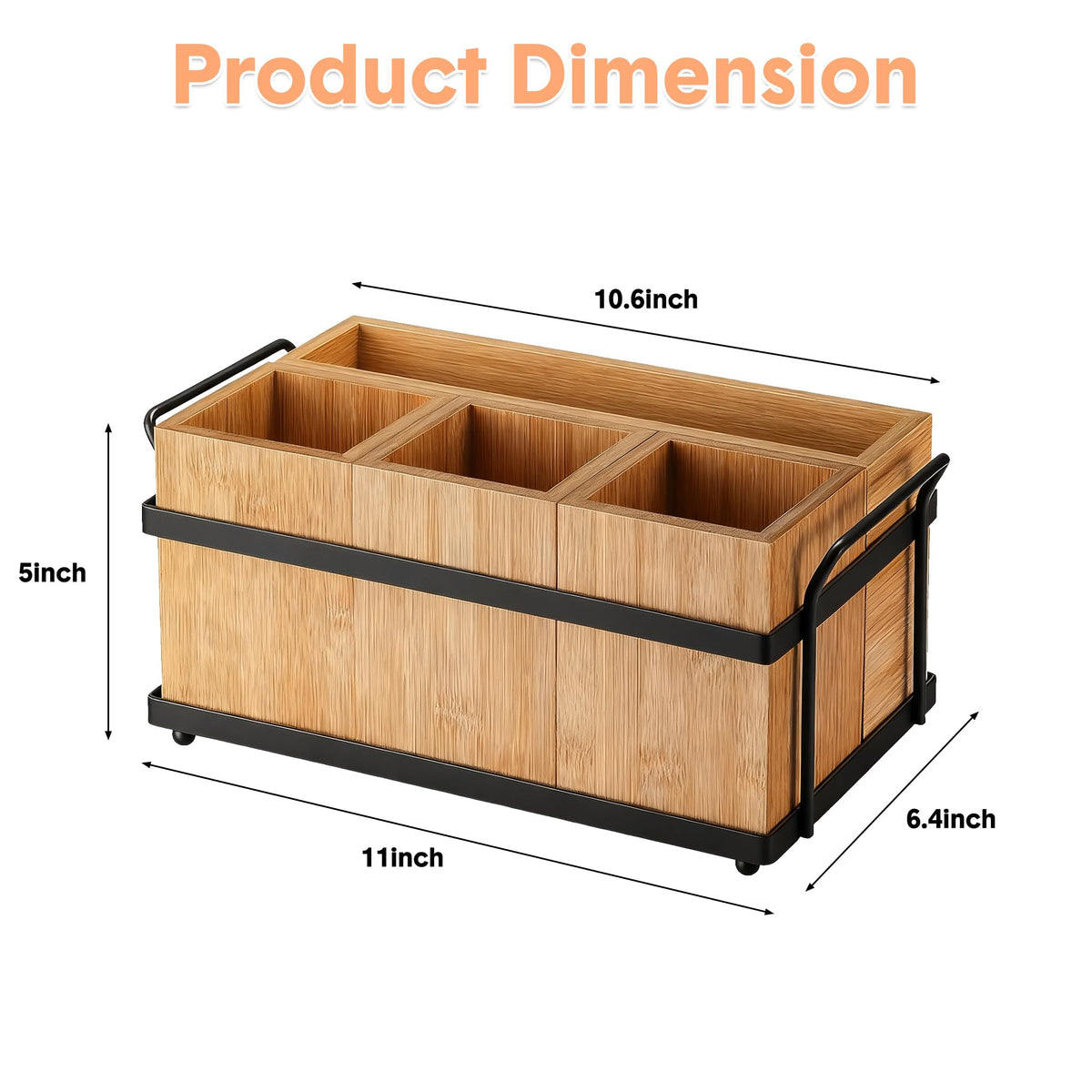 Garvee Bamboo Utensil Holder for Party, Wooden Flatware Silverware Caddy with 4 Detachable Compartments & Metal Tray, Cutlery Holder Organizer for Kitchen Camping Picnic Buffet