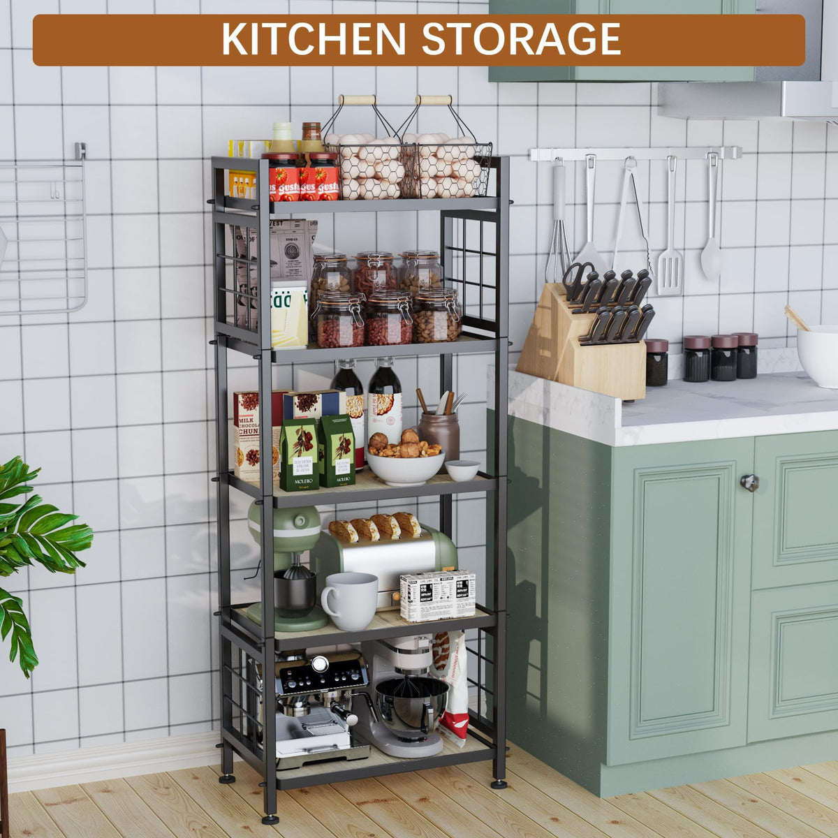 GIOTORENT 5-Tier Pantry Shelves with Wooden Boards, Heavy Duty Storage Shelves & Book Shelf, Adjustable Metal Shelving Unit for Kitchen Bathroom Laundry Organizer, Sturdy Rust-Resistant, Black