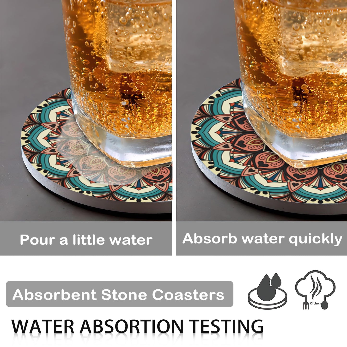 Drink Coasters for Drinks Set of 6,Mandala Absorbent Round Ceramic Stone Mat Coaster,with Cork Base and Metal Holder, Home Bar Decor House Warming Gift