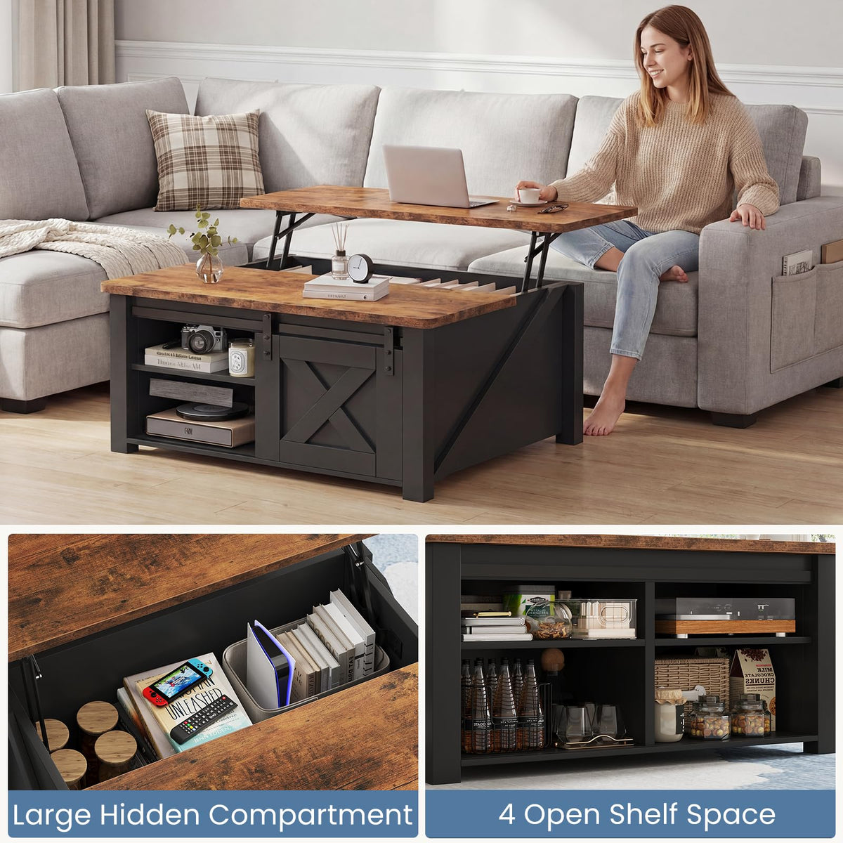 DUMOS Coffee Table, Lift Top Center Table with Storage, Square Living Room Tables with Adjustable Shelves, Modern Wooden Center Coffee Tables with Hidden Storage Compartment for Home, Black