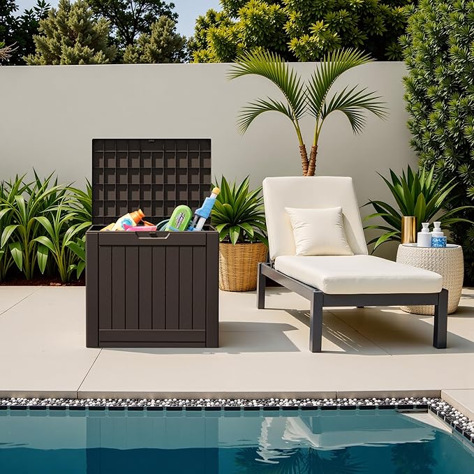 Flamaker Resin Deck Box 40 Gallon Waterproof Outdoor Indoor Storage Box Imitation Wood Resin for Patio Furniture Garden Tools and Pool (Deep Brown)