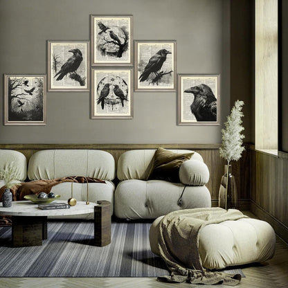 6Pcs Black Raven Wall Art Dark Academia Wall Decor Pictures Victorian Gothic Crow Canvas Posters Prints for Living Room Bedroom Decoration Unframed (8x10in)