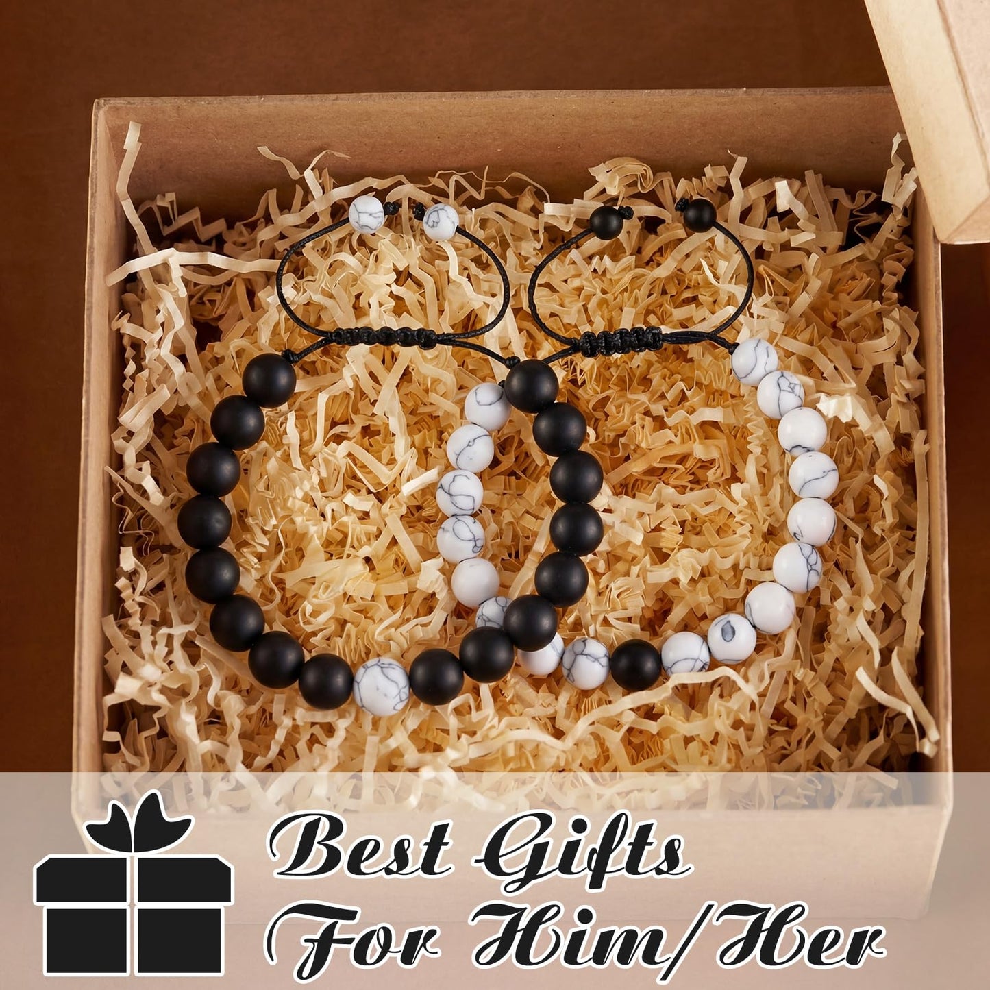 BBTO Couples Bracelets Long Distance Matching Bracelets 8mm Howlite Beads Black Matte Agate for Couples His and Her Gifts(Classic Style)
