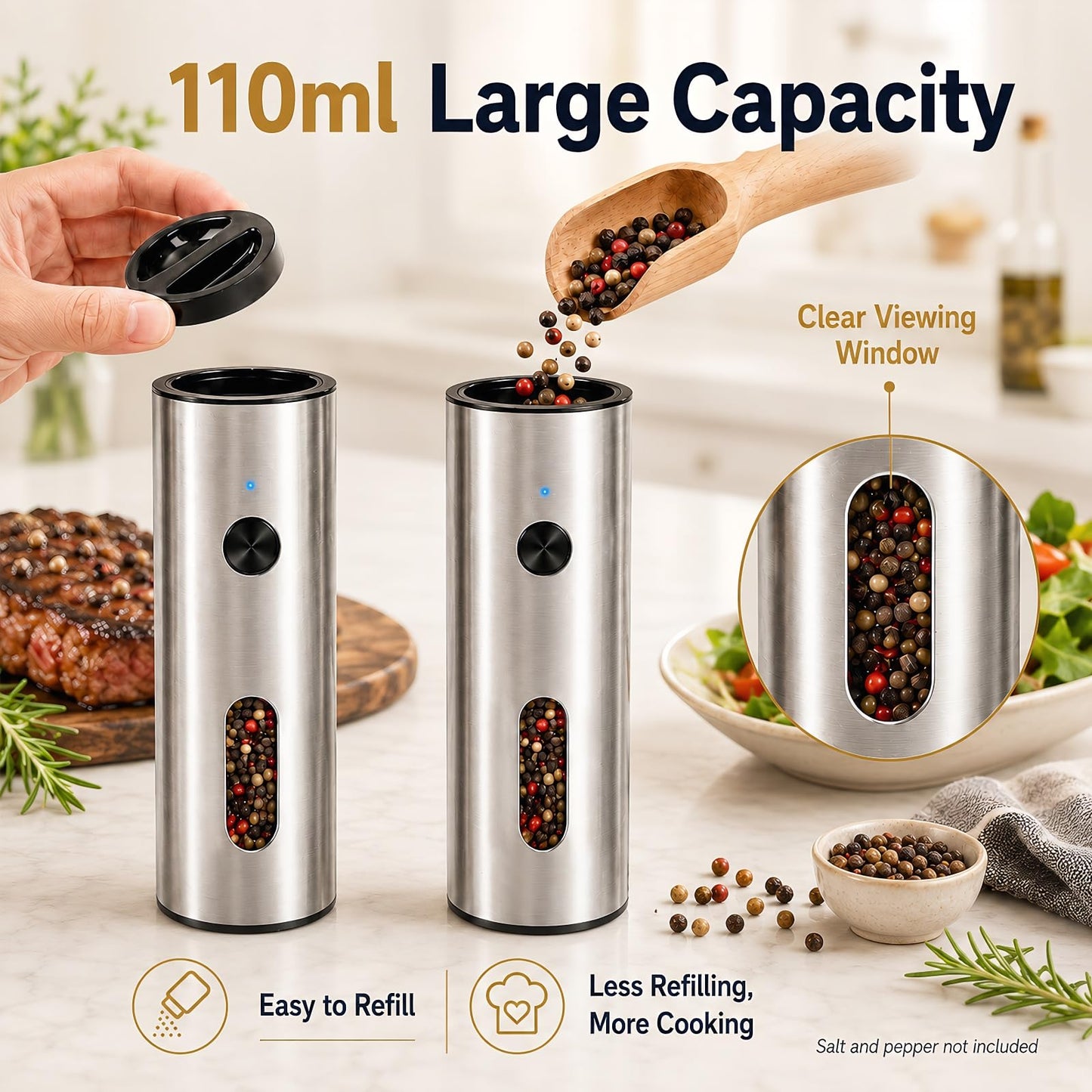TeSabMi Electric Salt and Pepper Grinder Set, Rechargeable with USB C Charging Base, 110ml Large Capacity, 5-Level Adjustable Coarseness, Stainless Steel, LED Light, Automatic