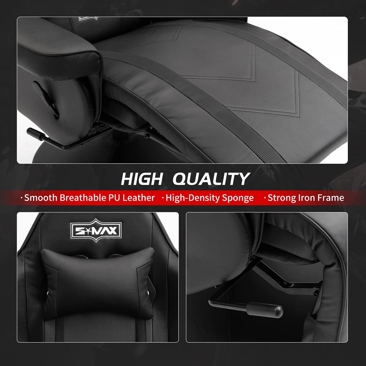S*MAX Gaming Recliner Chair for Adults Higher Back and Wider Lumbar Support Swivel PU Leather Gaming Chair with Footrest Larger Cup Holder Black X Large