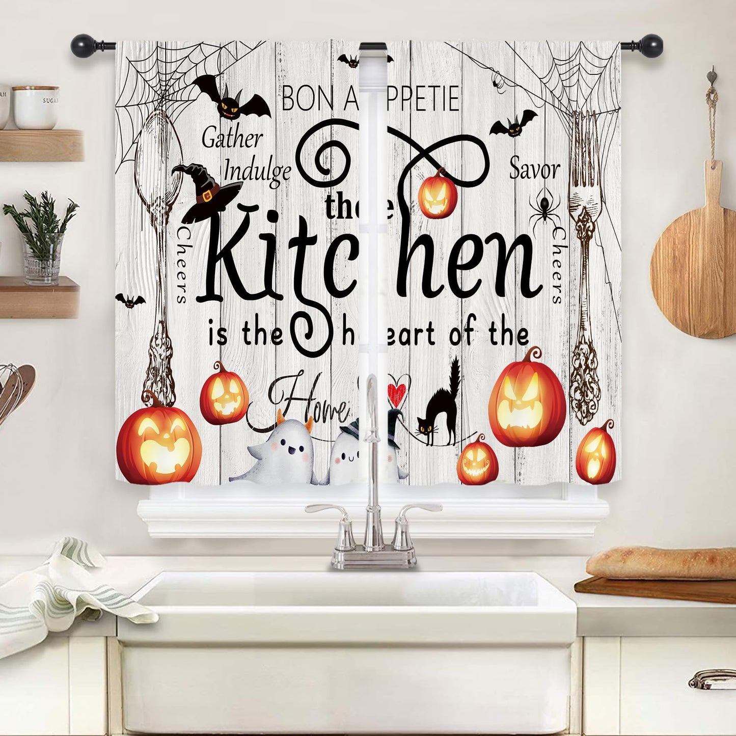 Riyidecor Halloween Rustic Farmhouse Kitchen Curtains Short Small Ghost Pumpkin Bat Spider Web Fork Spoon Rod Pocket Wood Plank Board Cool Bedroom Living Room Treatment Fabric 2 Panels 27.5Wx39H Inch