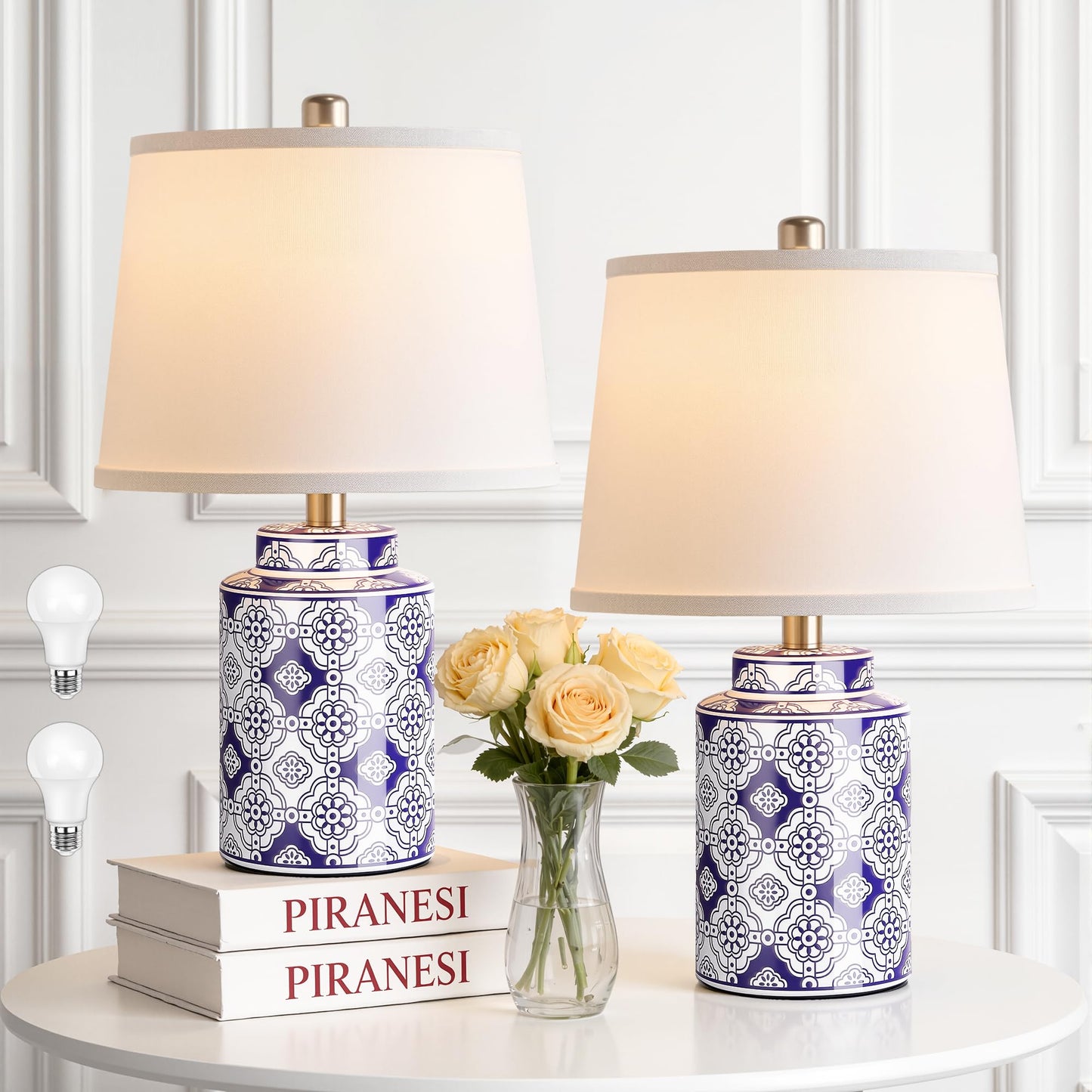 Qimh Chinoiserie Ceramic Table Lamps for Living Room, Small Bedside Lamps Set of 2 with Linen Lampshade, Modern Traditional Blue and White Lamp for Bedroom Office Nightstand Home Decor(Bulbs Included)