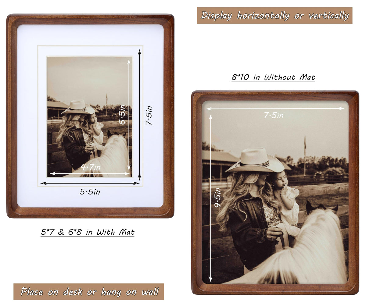 Gdfmsc 8x10 Picture Frame with Mat for 5x7/6x8, USA-Sourced Natural Walnut Wood Handcrafted Rounded Corner with Real Glass, Vertical or Horizontal Display Photo Gallery Wall & Tabletop Frame