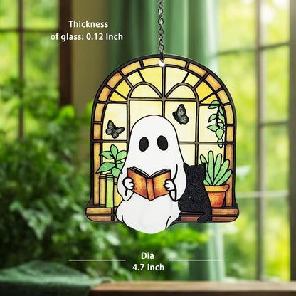 Ghost Black Cat Suncatcher, Ghost Reading Book Christmas Giifts for Women, Cat Lover Gifts