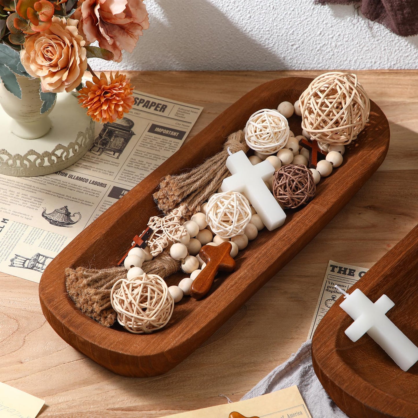 FoldTier 4 Pcs Wooden Dough Bowl Bulk Wood Decorative Rustic Wooden Bowls Wedding Table Centerpiece for Living Room Home Dining Room Kitchen Easter Decoration(Brown,16' X 6'' X 2'',Classic)