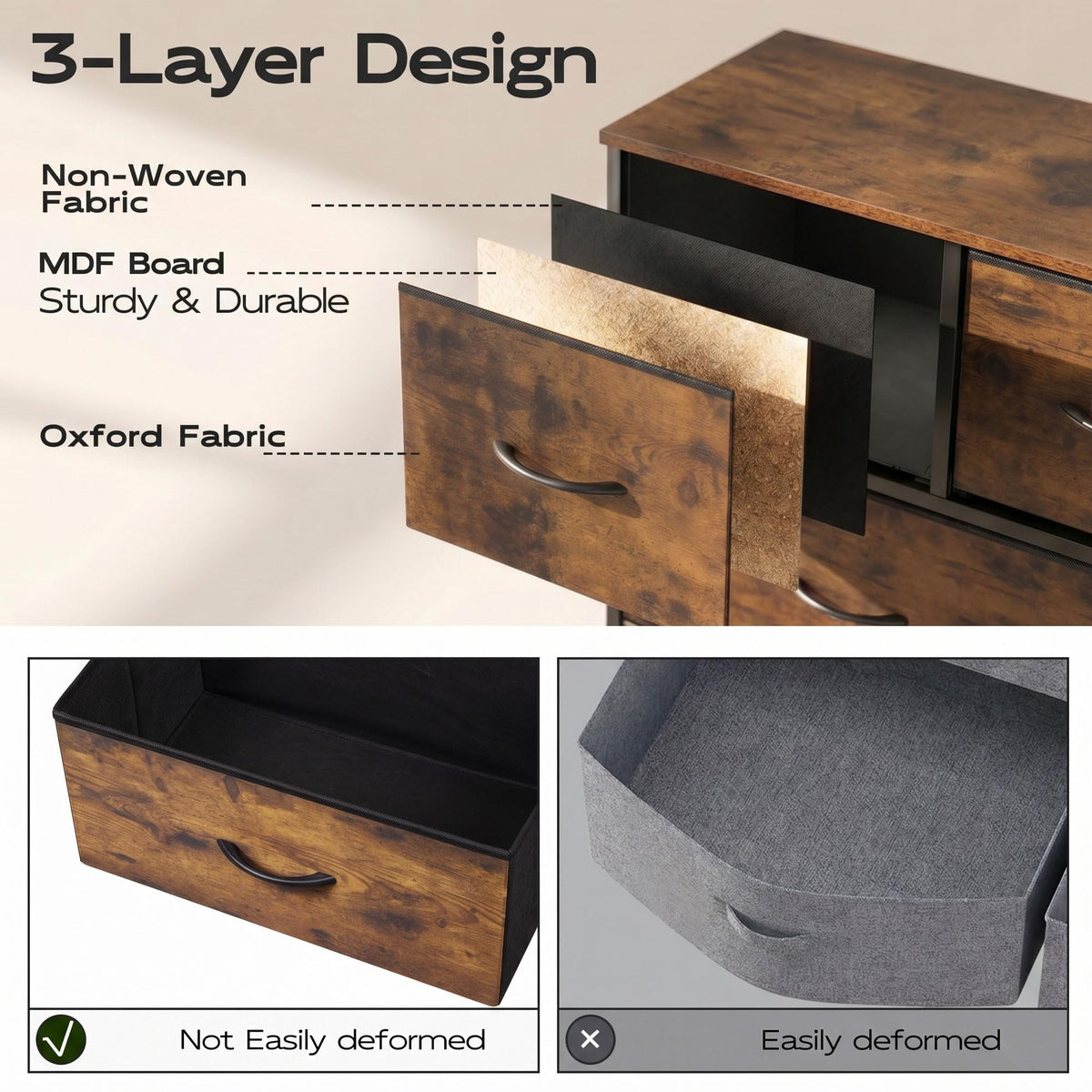 WLIVE 9-Drawer Dresser, Fabric Storage Tower for Bedroom, Hallway, Entryway, Closet, Tall Chest Organizer Unit with Fabric Bins, Steel Frame, Wood Top, Easy Pull Handle, Rustic Brown Wood Grain Print