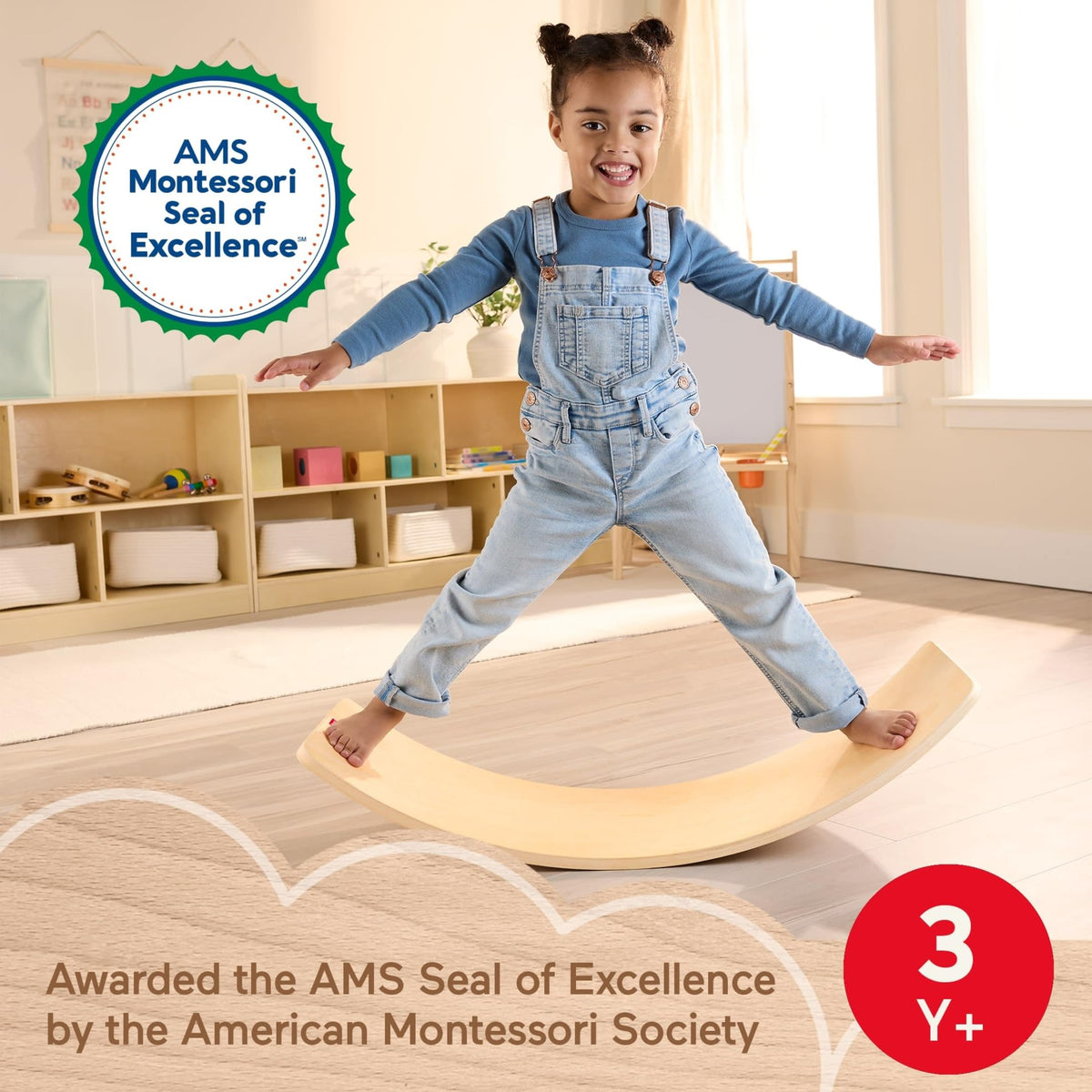 Fisher-Price Wood Montessori Toy Rockin' Balance Board, American Montessori Society Seal of Excellence, 31.7-Inch Wooden Motor Skills Learning Activity for Kids Ages 3+ Years