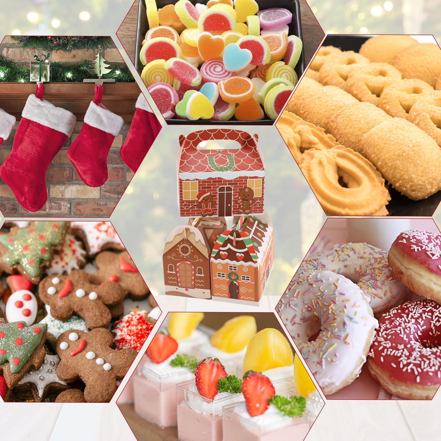 SAITI 24 Pieces Christmas Cookie Boxes for Gift Giving, 3D Christmas Treat Boxes 3 Designs Gift Boxes for Holiday Xmas Goody Party Favors