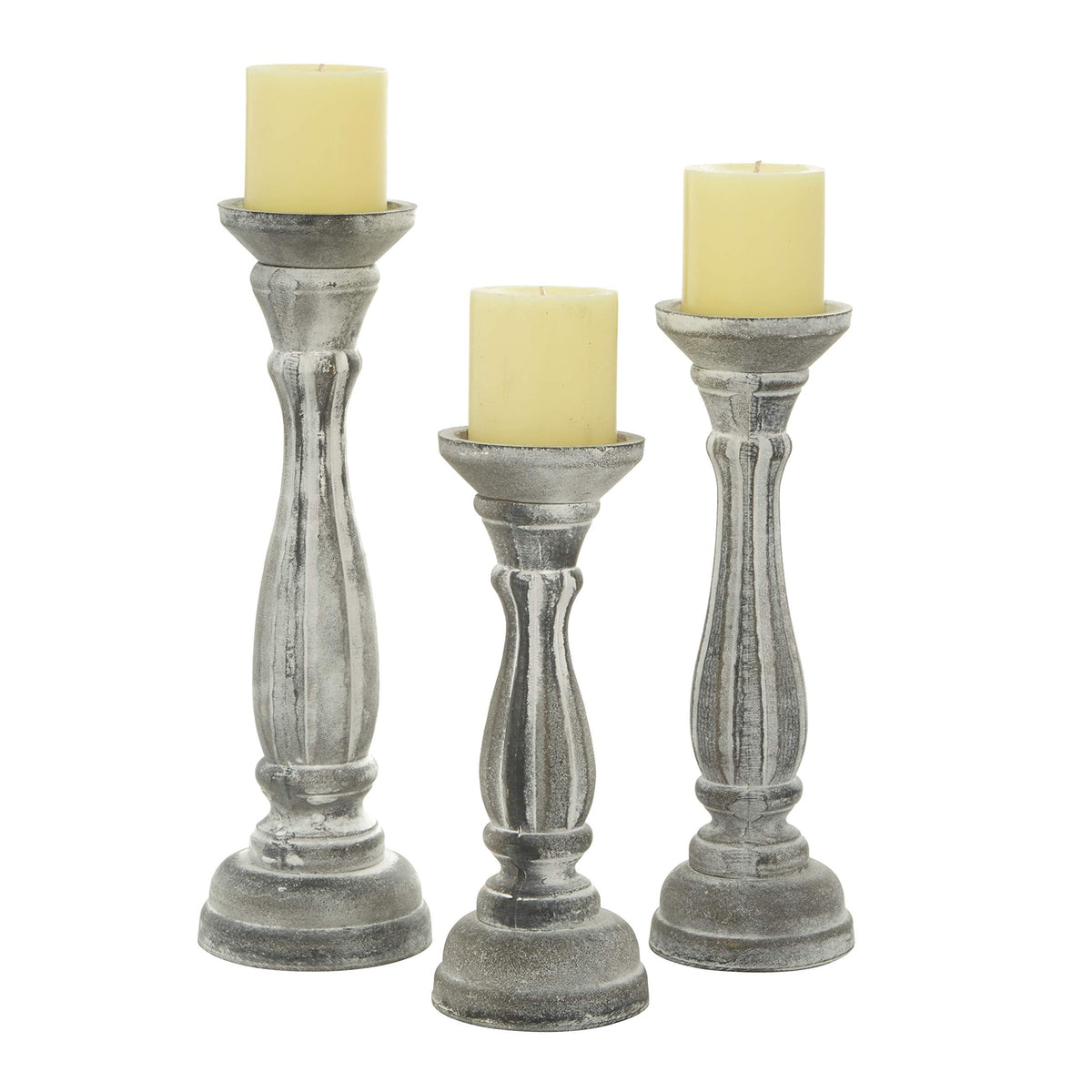 Deco 79 Wooden Decorative Candle Holder Distressed Turned Candle Stand, Set of 3 Candlestick Holder 15", 13", 11"H, Gray