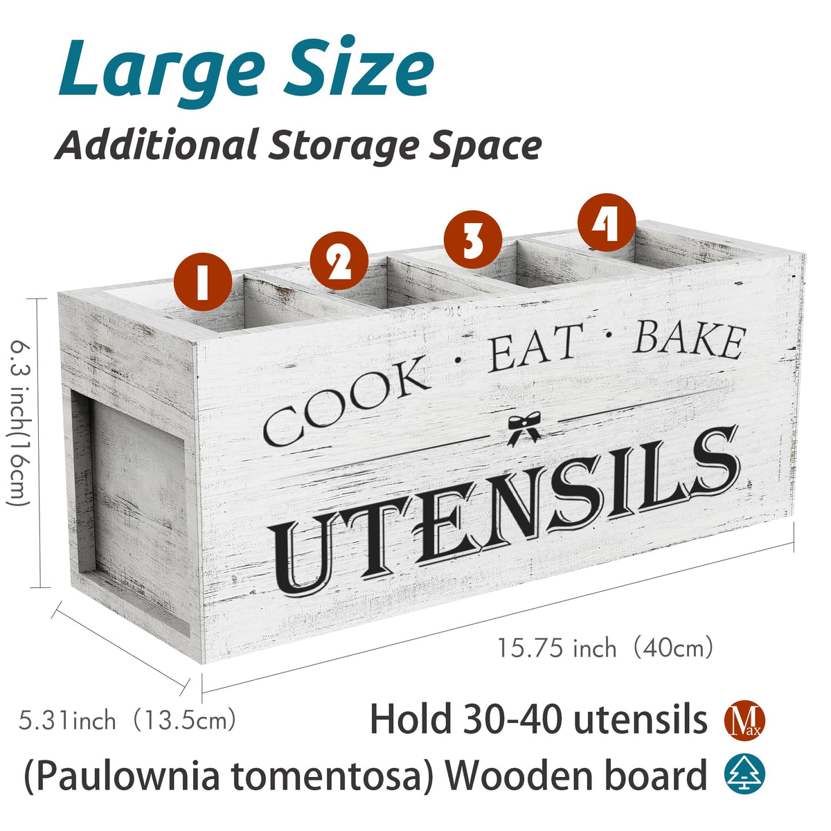 Suli Extra Large Kitchen Utensils Holder with 4 Compartments, Wooden Utensil Organizer for Kitchen Countertop, Farmhouse Decor, Rustic Cooking Utensil - White grain