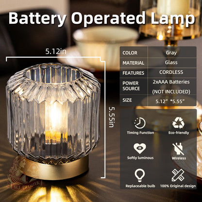 MJ PREMIER Battery Operated Lamp with Timer Cordless Lamps for Home Decor Battery Powered Nightlight with LED Bulb Decorative Glass Beside Lamp for Valentine's Gift Bathroom Bedroom Living Room Grey
