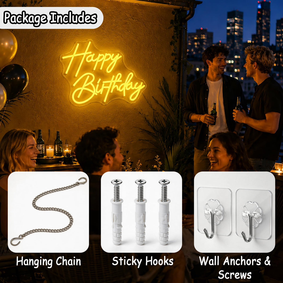 Whfobfe Yellow Neon Sign Led Neon Lights Signs for Wall Decor USB Powered Led Signs for Room Decoration-Happy Birthady