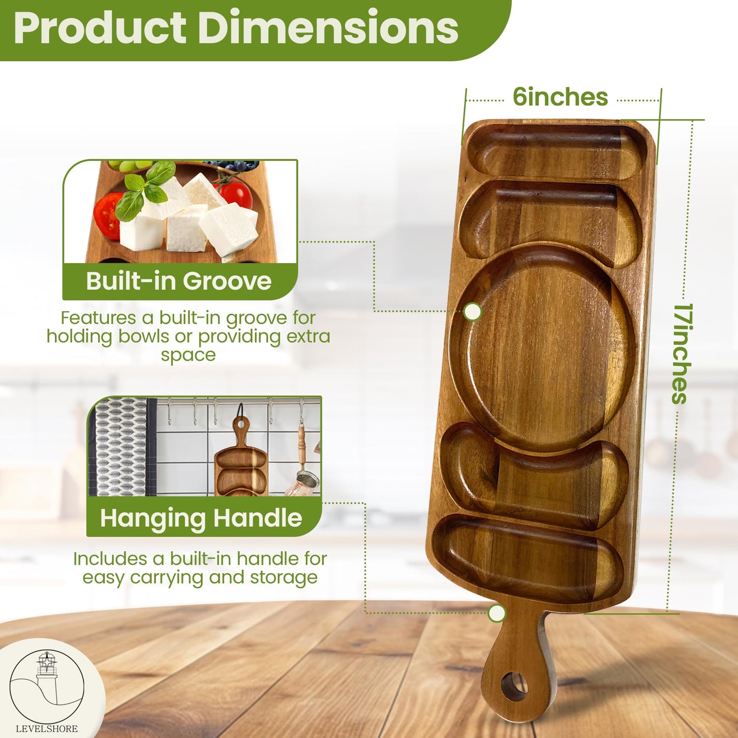 Reversible Acacia Wood Serving Platter with Handle – Premium Wooden Tray for Charcuterie, Crackers, Cheese, Fruit, Veggies, Appetizers & Snacks – Party Serving Tray & Travel Charcuterie Board
