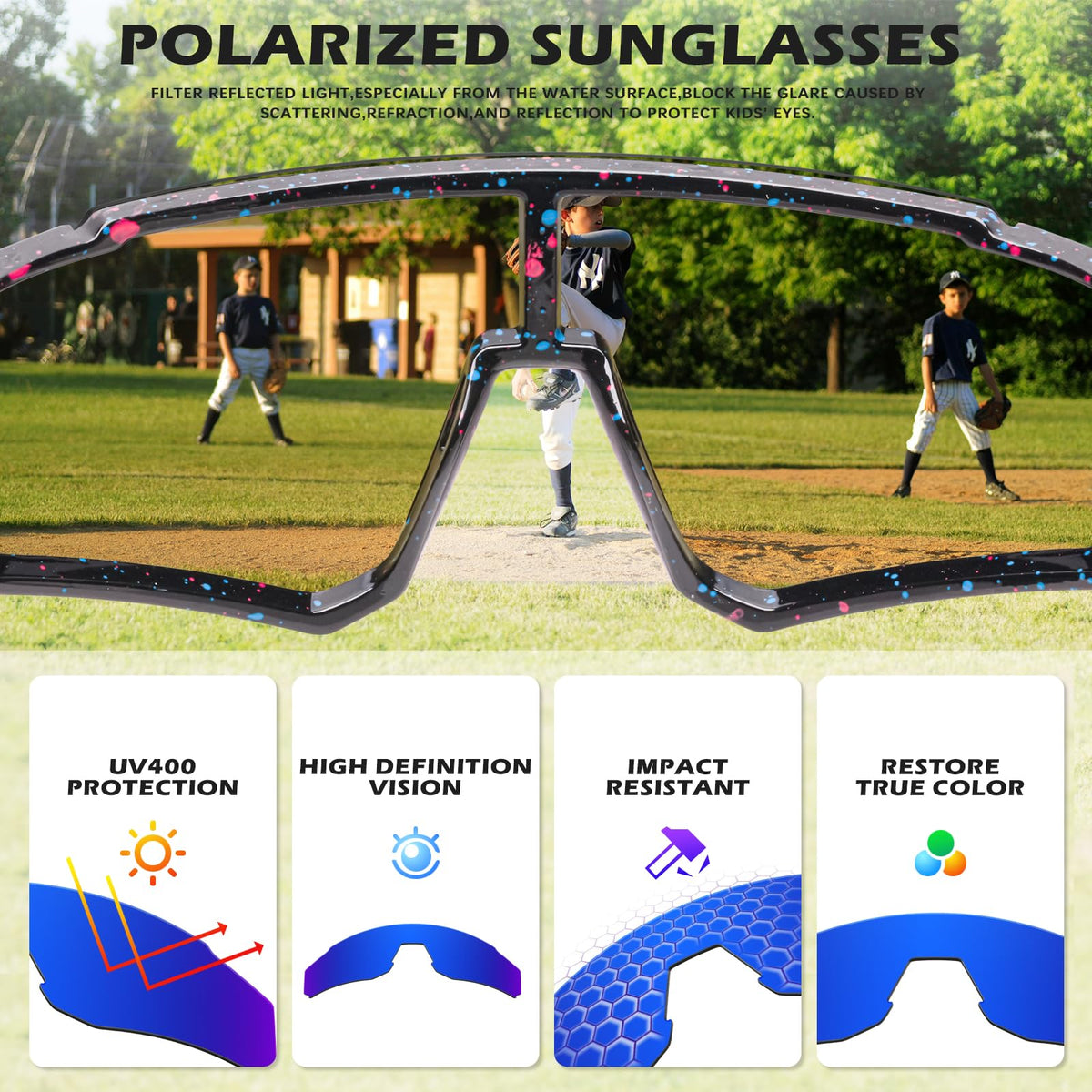 DioKiw 3PACK Kids Sunglasses Polarized Youth Baseball Sunglasses Boys Girls Softball Cycling UV400 Protection Goggles