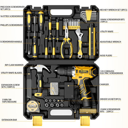 Sundpey Home Tool Kit with Drill - 166-Piece General Basic Home Repair Tool Set with 12V Cordless Power Drill & Battery & Charger & Portable Tool Box for Garden Office House Apartment Repair Men Women