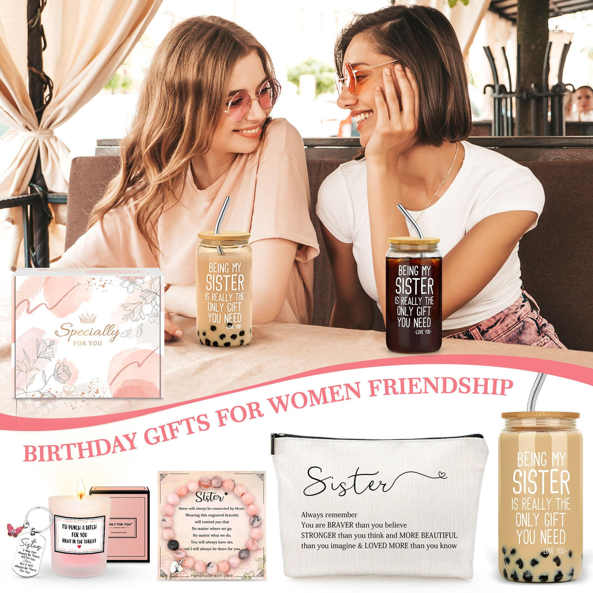 Sister Gifts from Sisters Birthday Gifts for Sisters Adult Best Sister Ever Gift Ideas for Women Cool Presents Set with Funny Glass Cup, Unique Makeup Bag, Scented Candle, Bracelet, Keychain, Card