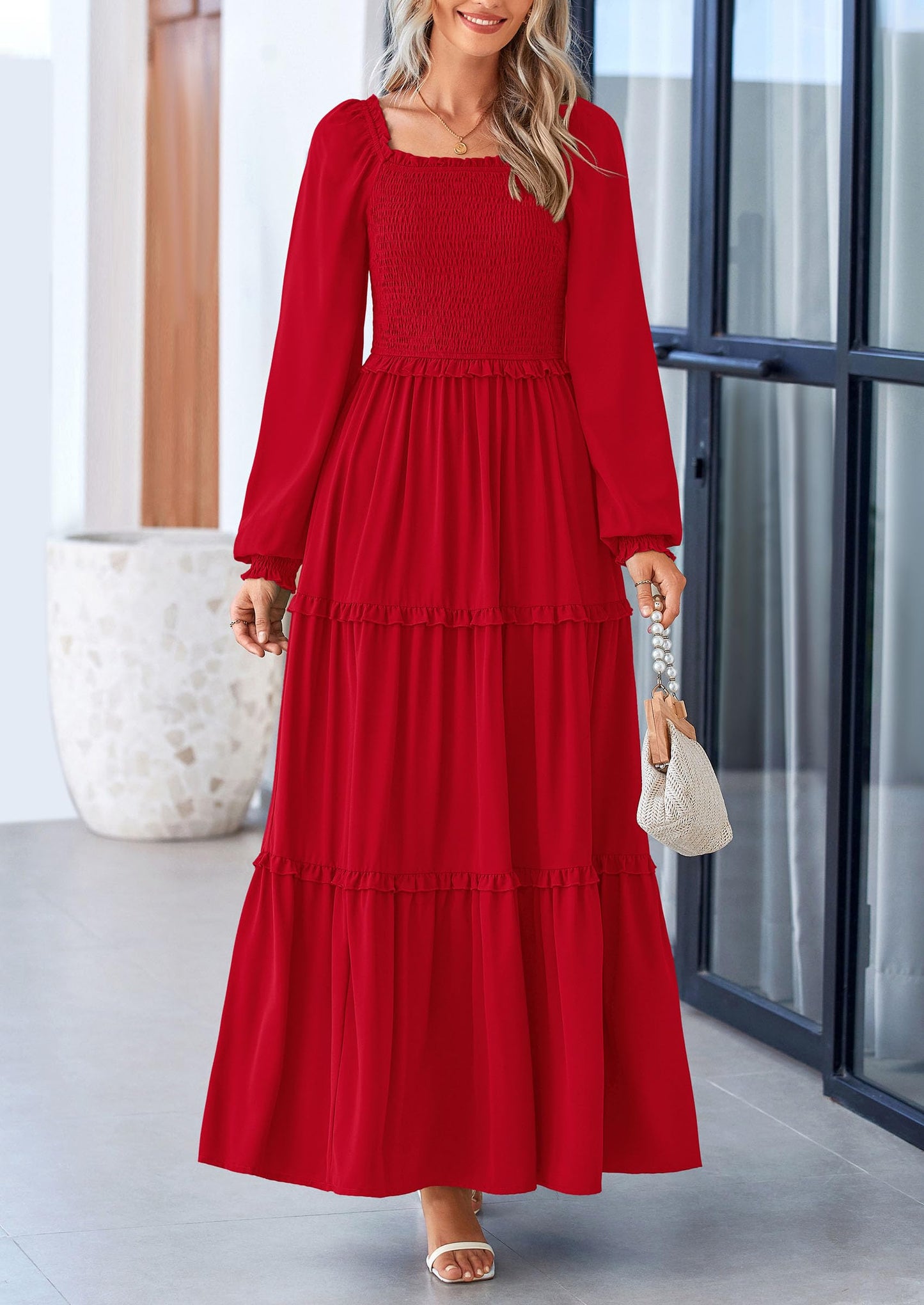 PRETTYGARDEN Fall Wedding Guest Dresses for Women 2025 Long Sleeve Square Neck Tiered A Line Modest Elegant Flowy Dresses (Red,Small)