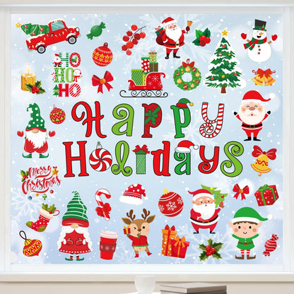 Whaline 9 Sheets Christmas Window Cling Stickers Xmas Santa Reindeer Cartoon Reusable Window Decals for Holiday Party Home Office Classroom Decoration