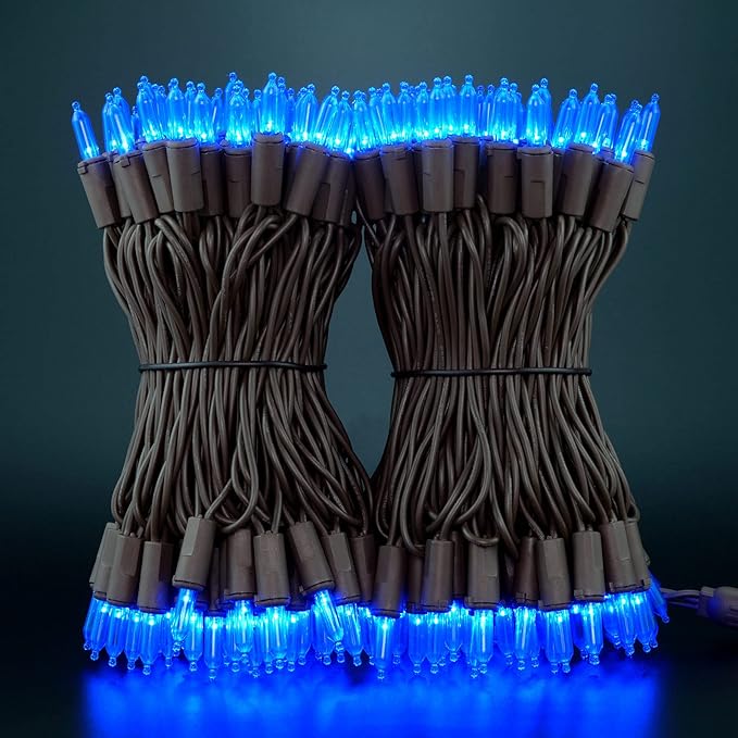 YULETIME 200 Blue LED Christmas Lights, 66 Feet Brown Wire UL Certified Commercial Grade Holiday String Light Set