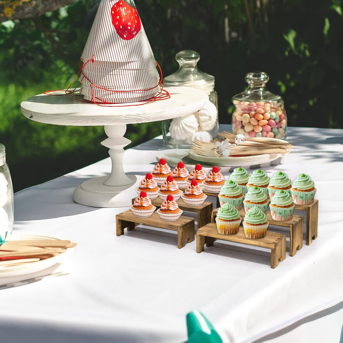 Yikaroeli 2 Set Small Display Riser Wood Risers Wooden Cupcake Display Stand,9.4"-7.8" Graduated Sizes,3Tiered 6Pcs Display Racks Dessert Food Stands