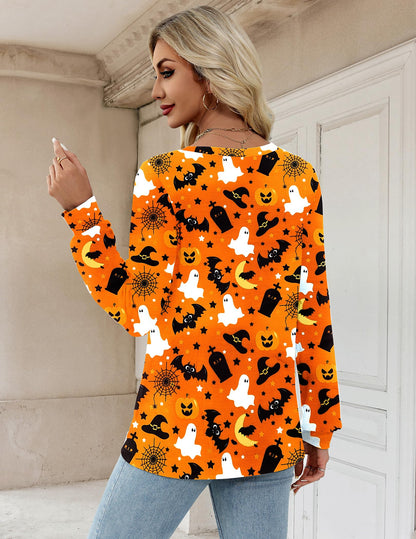 Zeagoo Halloween Shirt for Women Long Sleeve Pumpkin Printed Cute T Shirts Orange Graphic Tops Fall Tee Fashion Gift XXL