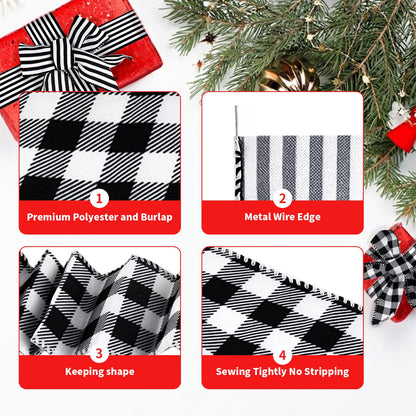 MuRealy Wreath Ribbon Assortment (4 Rolls x 20 Yards) - 2.5 Inch Wired Polyester | Black Stripes, Classic Plaid & Dots - Shedding-Free for Crafts, Gifts, Holiday Decor