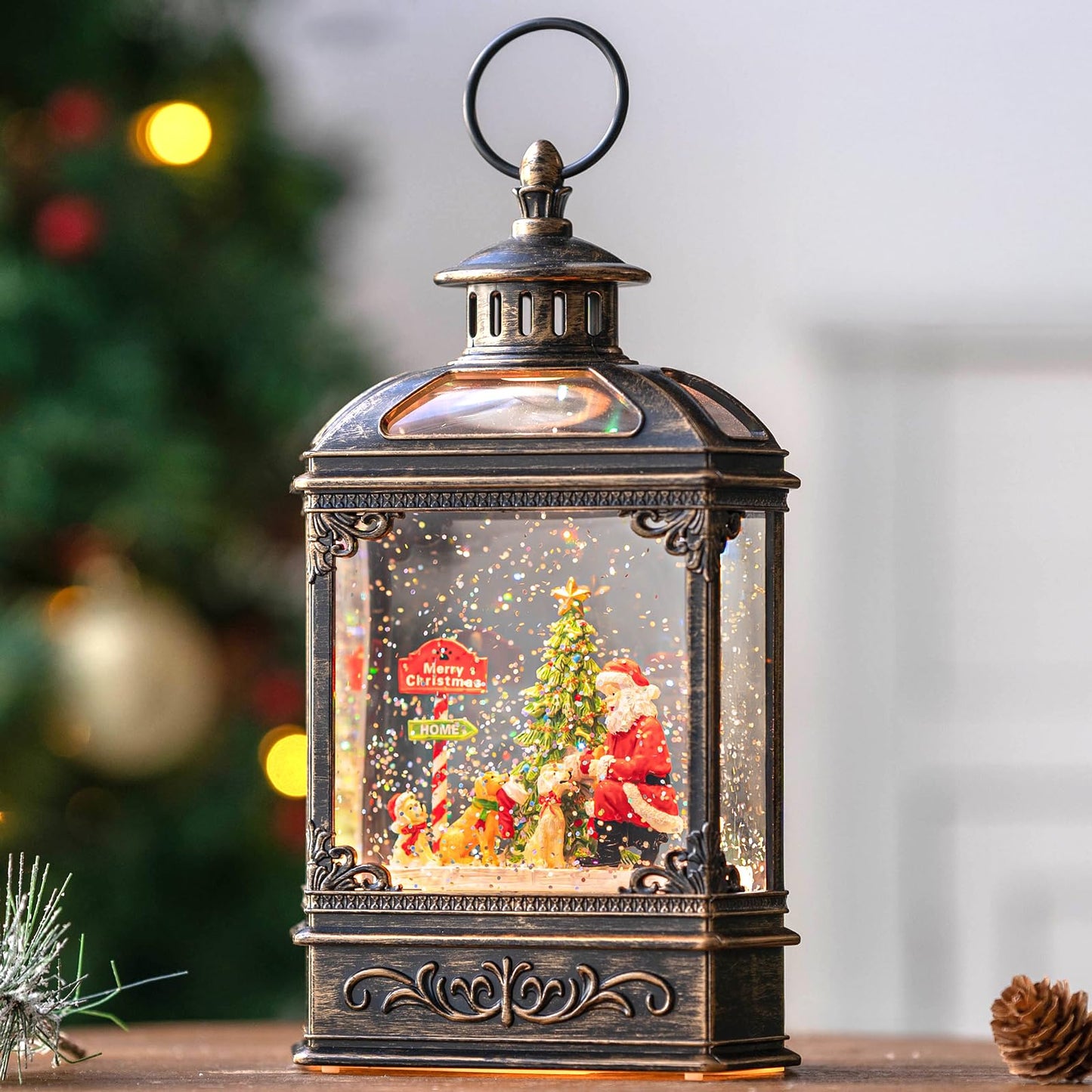 Snow Globe Lighted Christmas Decorations, Santa Claus & Pups Musical Water Lantern with Swirling Glitter, Christmas Holiday Party Gifts and Decorations