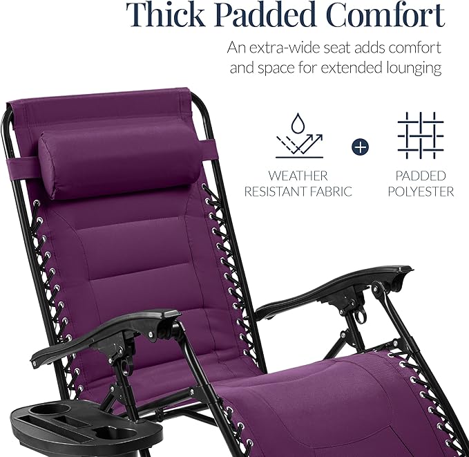 Best Choice Products Oversized Padded Zero Gravity Chair, Folding Outdoor Patio Recliner, XL Anti Gravity Lounger for Backyard w/Headrest, Cup Holder, Side Tray, Polyester Mesh - Amethyst Purple