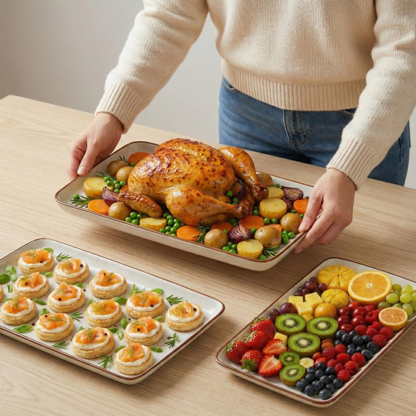 Ceramic Serving Platter Set of 3 - 16 / 14 / 12 Inches Oven Safe Serving Dishes for Entertaining - Platters and Trays - Porcelain Plates - Ceramic Grilling Platter - Rectangular Plates - Turkey Dishes