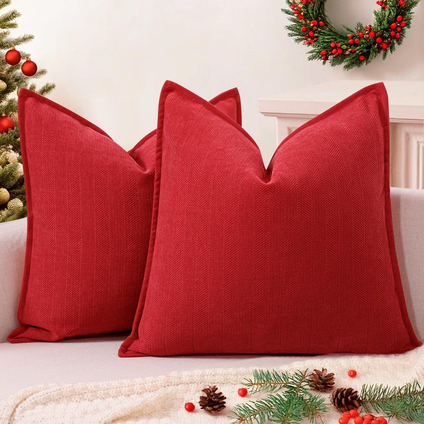 ZWJD Christmas Pillow Covers 18x18 Set of 2 Chenille Throw Red Cushion Covers with Elegant Design Soft and Luxurious Decorative Pillows for Couch, Bed, and Christmas Decor