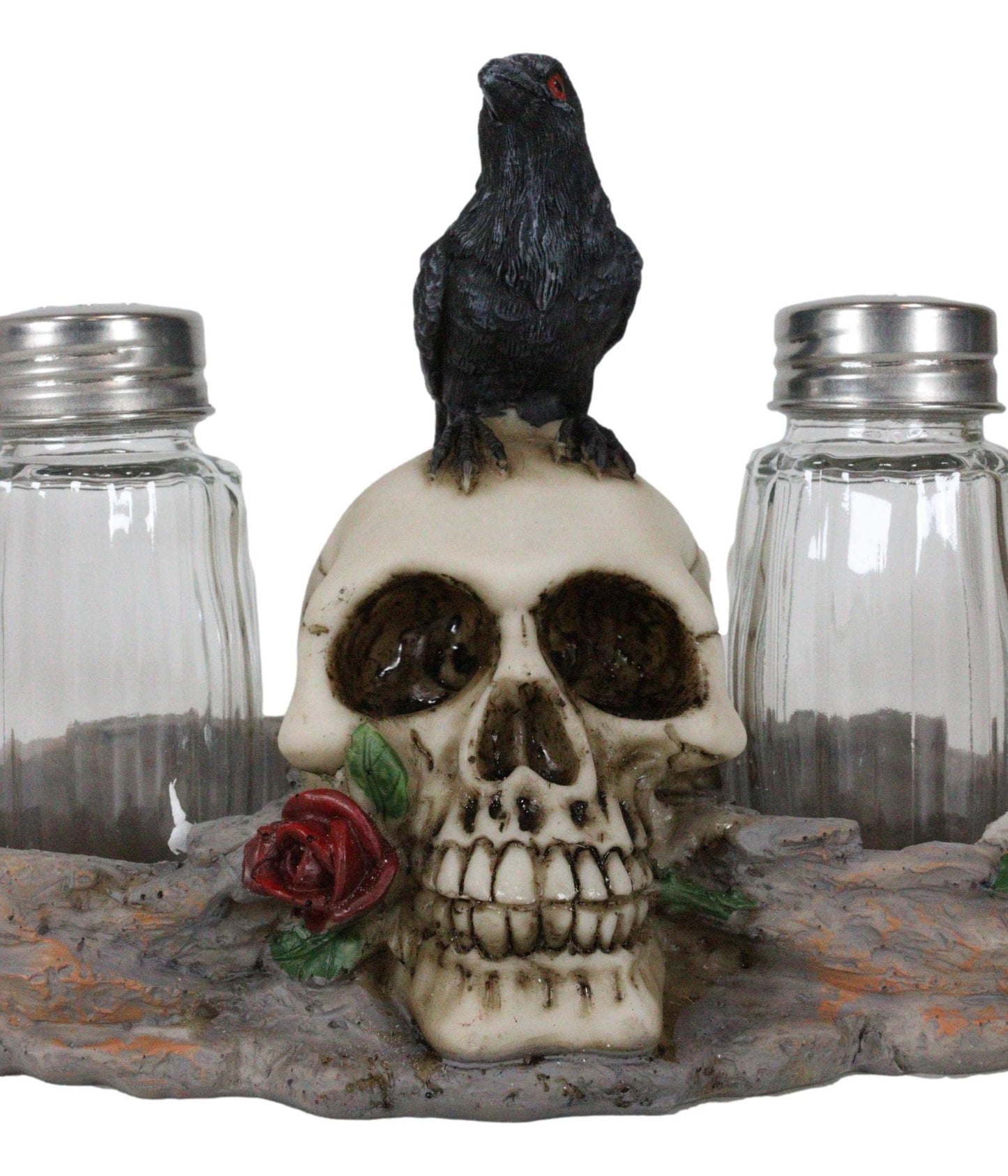 Ebros Day Of The Dead Raven Crow With Rose Skull Salt And Pepper Shakers Holder Figurine Set 6.25"L Halloween Graveyard Spooky Macabre Skulls Skeletons