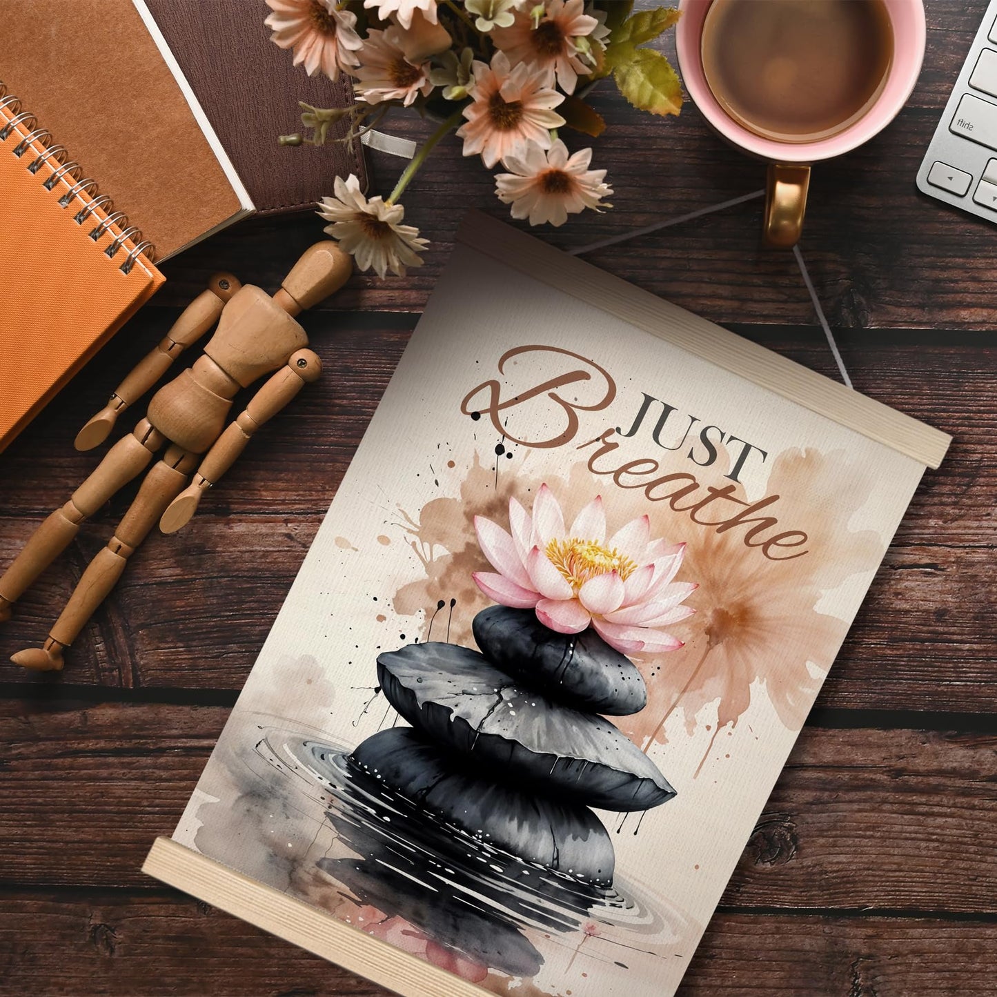 FITIE Just Breathe Zen Lotus Flower Canvas Wall Art Poster Hanger Frames, Motivational Zen Spiritual Wall Decor Prints for Bedroom Meditation Yoga Spa Room Calming Corner, 12x16 Inch