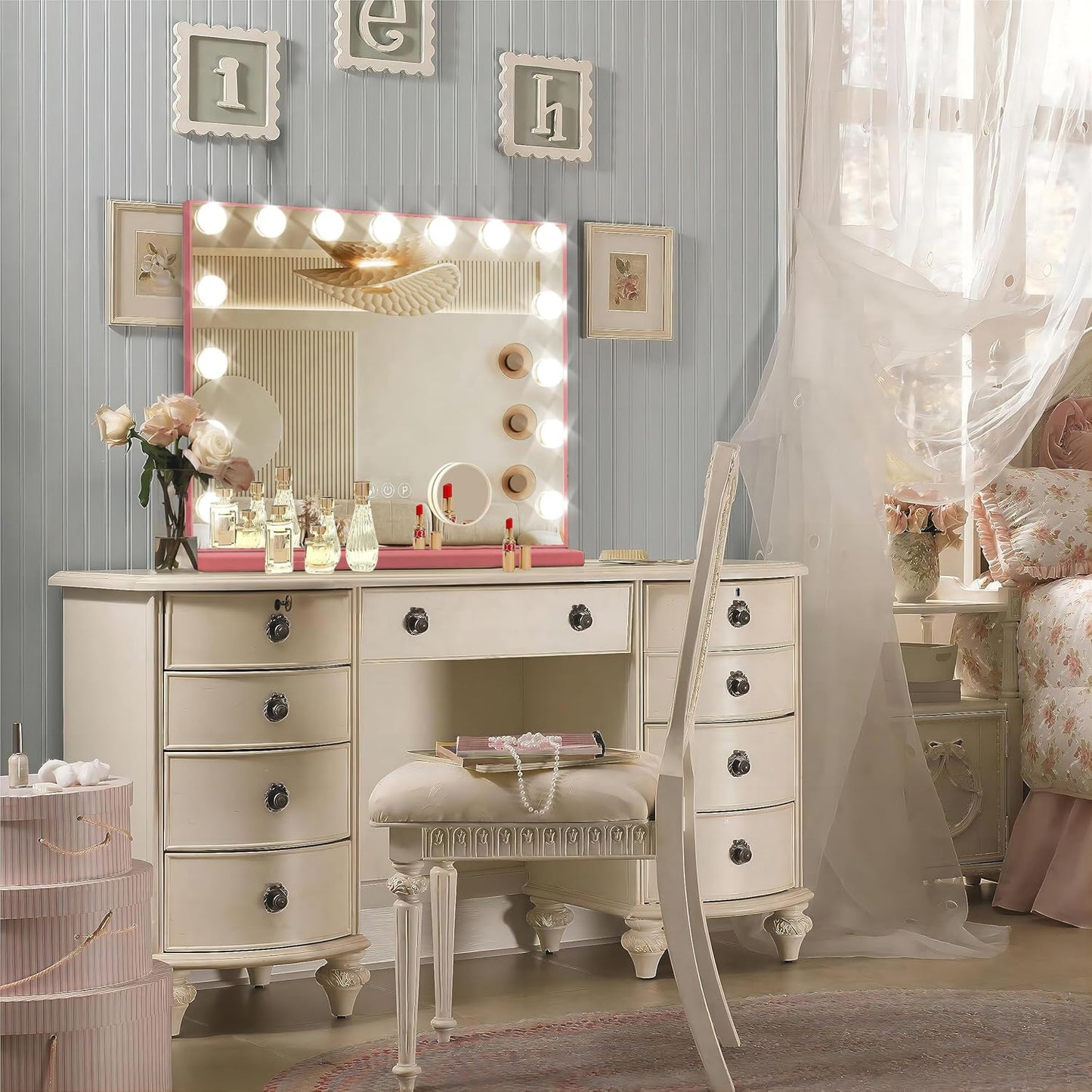Hollywood Vanity Mirror with Lights, 15 Dimmable Bulbs, 3 Color Lights,Make Up Lighted Mirror, Aluminum Metal Frame, USB Charging Port（23" x 18"）