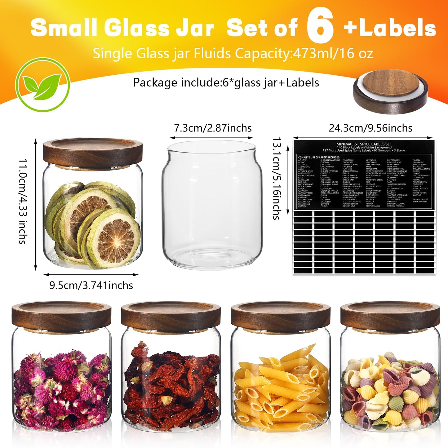 Glass Spice Jars Seasoning Containers Small Glass Jars with Lids Airtight Food Storage Canister for Kitchen Pantry Sugar Tea Coffee Bean Nuts Cookies Herbs Salt (16oz/473ml*6 pack)