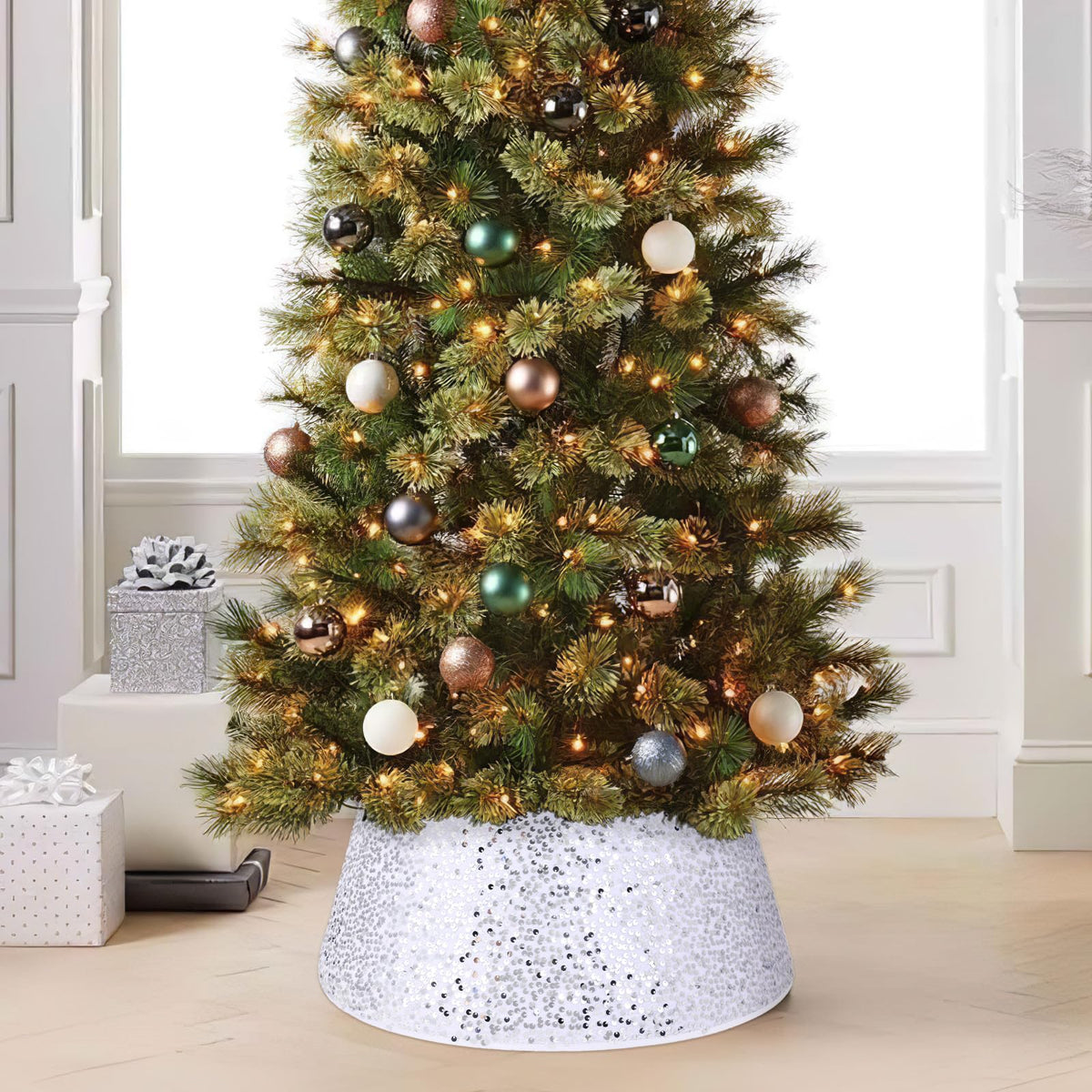 Christmas Tree Collar Burgundy Round Tree Skirt Tree Ring Sparkle Sequin for Christmas Holiday Thanksgiving Home Decor Red Gold