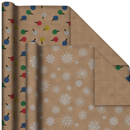 Hallmark Recyclable Christmas Wrapping Paper for Kids with Cut Lines on Reverse (4 Rolls: 88 sq. ft. ttl) Kraft Brown with Christmas Lights, Deer, Snowflakes, Red, Green, Blue Stripes (0005JXW1212)