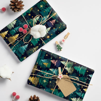 SaringSwoon Christmas Tree Wrapping Paper for Kids Adults - Xmas Wrapping Paper with Starry Night Sky, Christmas Trees and Stars Designs for Winter Holiday - 40×28 Inches, 4 Folded Sheets