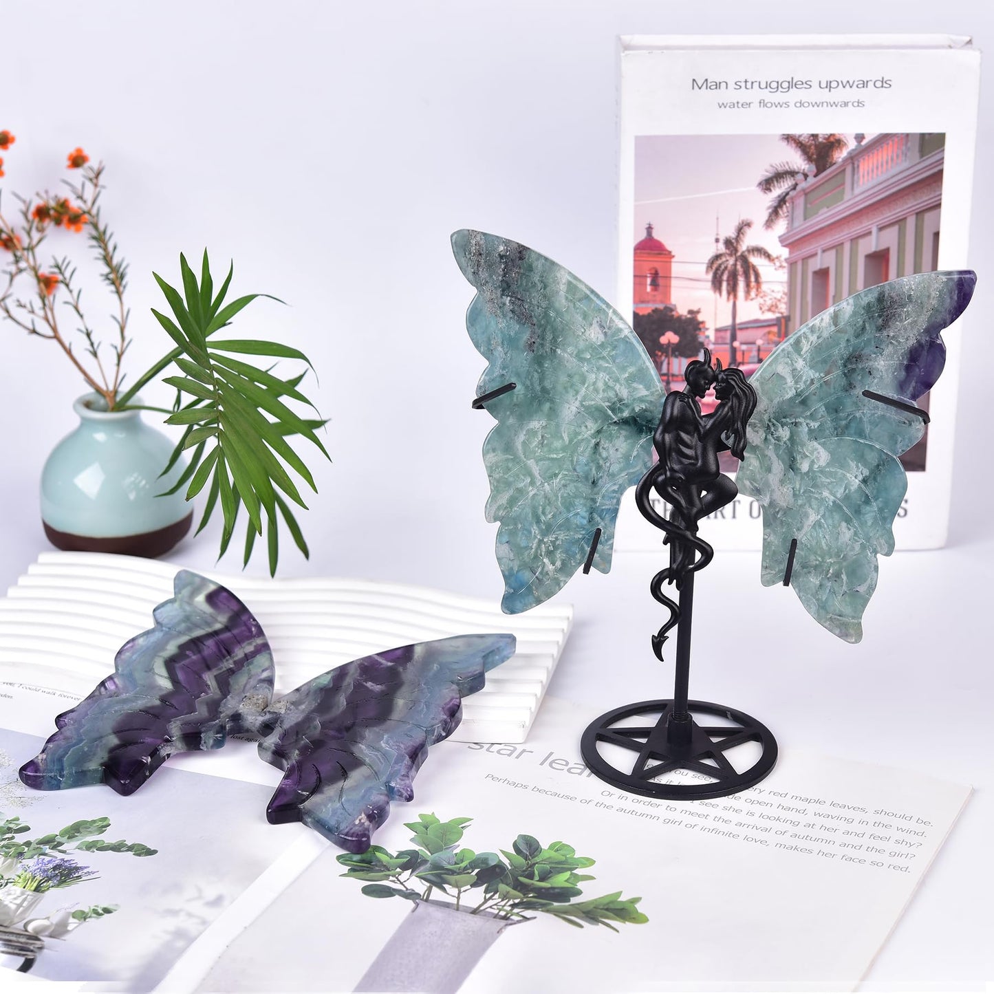 JIC Gem Large Amazing Gemstone Feather Fluorite Crystal Butterfly Art Decorative Healing Crystal Slices Carved Angel Wings with Stand Office Home Decor Reiki Crystal Gifts (1pair, 17-18cm)
