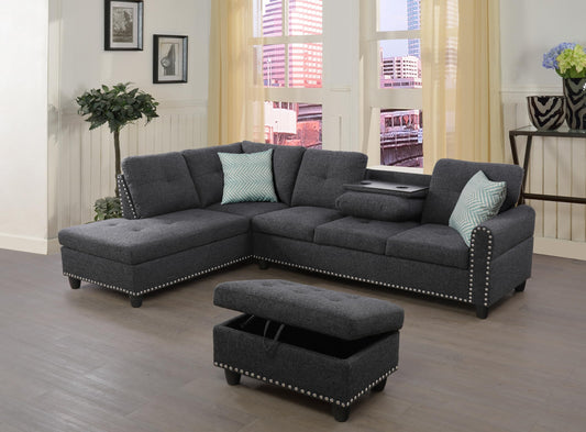 Favfurish 98" Left Hand Facing Sofa with Ottoman and Manufactured Wood Frame,L-Shaped Design Sectional Chaise W/Rounded Arms & Nailhead Trim,for Living Room,Office,Apartment,Charcoal Grey