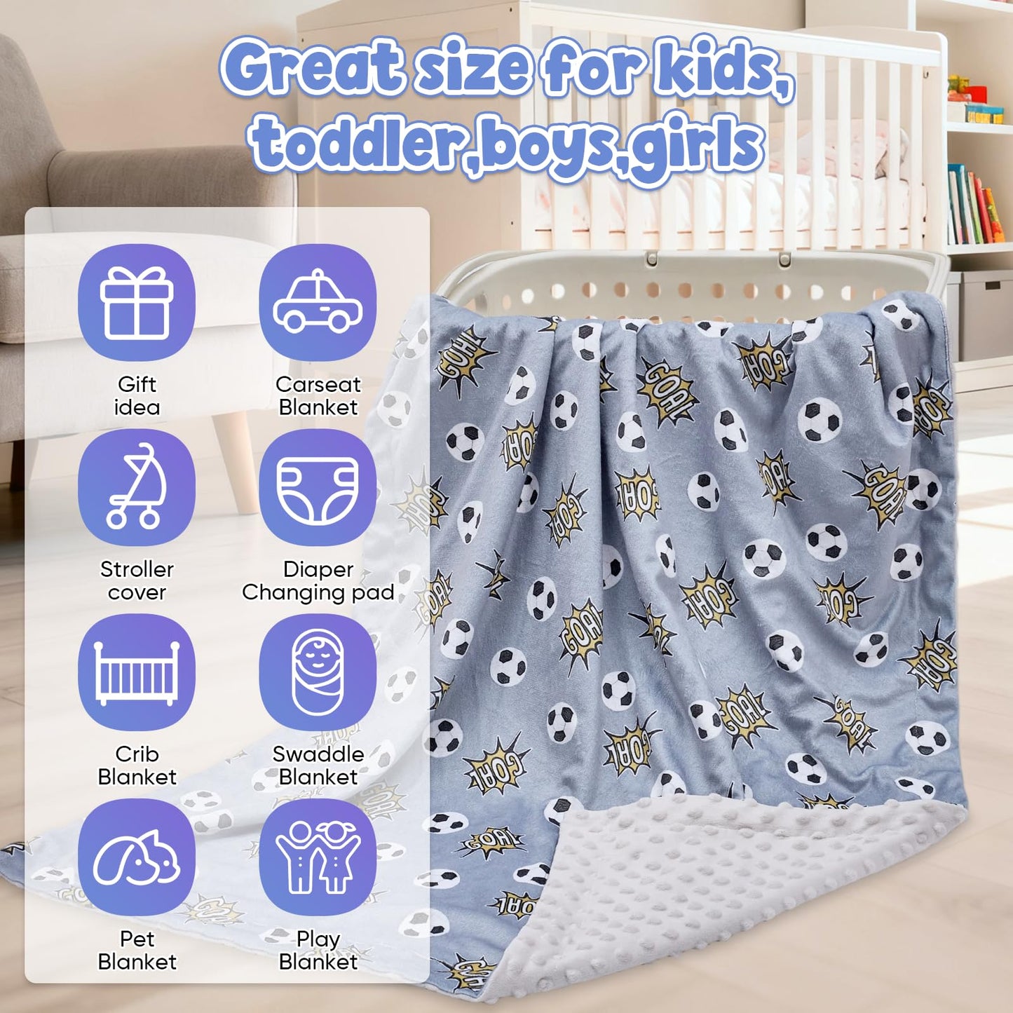 Baby Blanket for Boys Girls Super Soft Double Layer Minky with Dotted Backing Cute Cow Crib Receiving Blanket Bed Throws for Newborns Nursery Stroller Toddler 30 x 40 Inch (Grey Soccer)