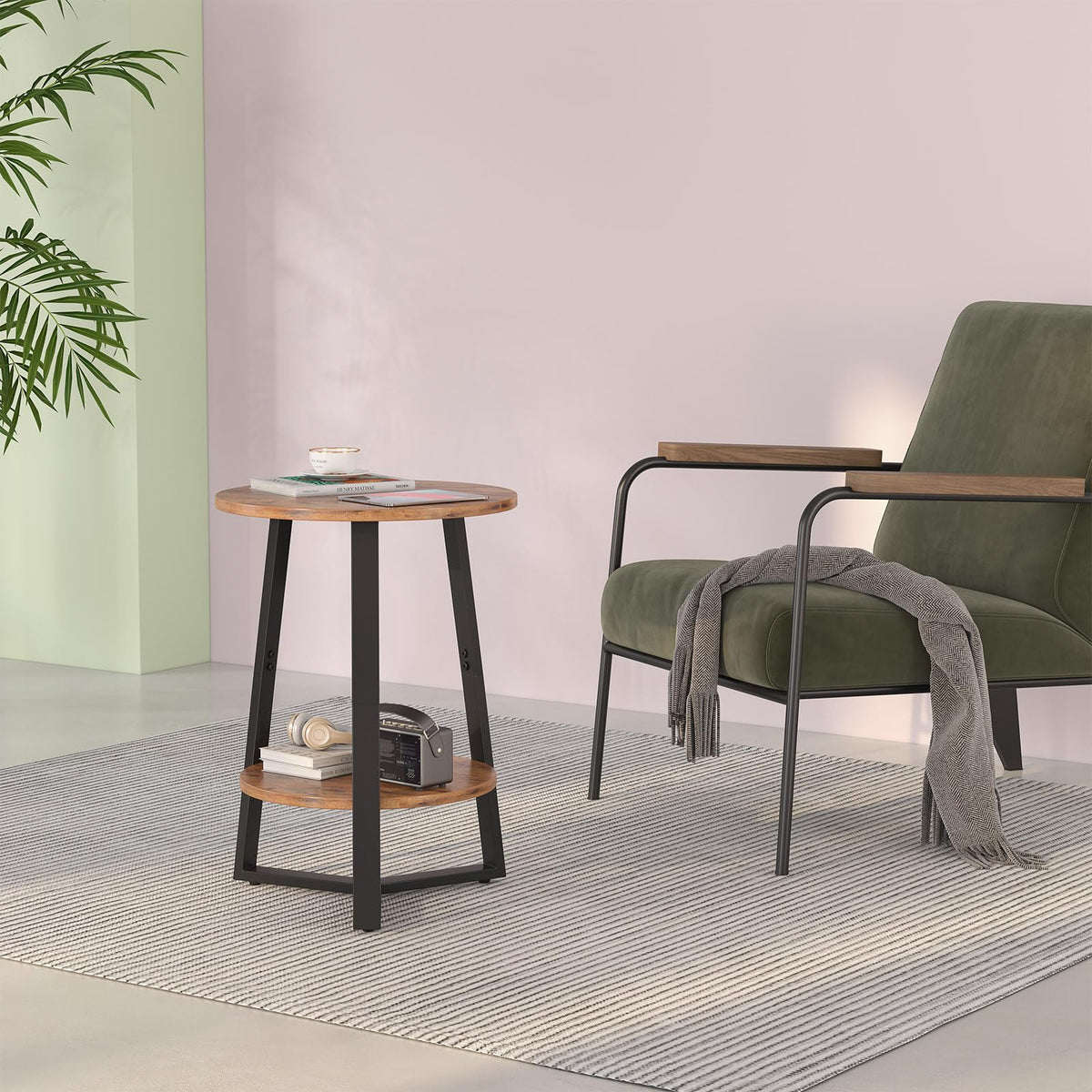 sthmec Small Round End Table Set of 2,2 Tier Side Table Set 2 with Storage Shlef,Coffee Table Wooden Tabletop & Metal Frame,Accent Table Small Nightstands Couch Tables Livingroom Bedroom,Rustic Brown